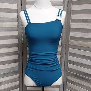 UPF 50 Double Strap Asymmetrical One Piece Swimsuit | Aqua Green | X Large